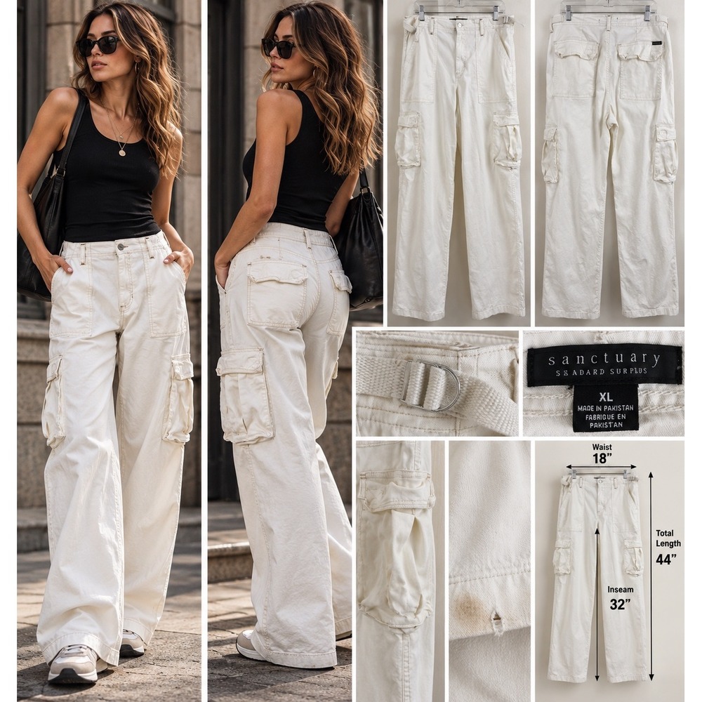 Sanctuary XL Ivory Cargo Pants Wide Leg Utility Y2K Surplus Adjustable Waist